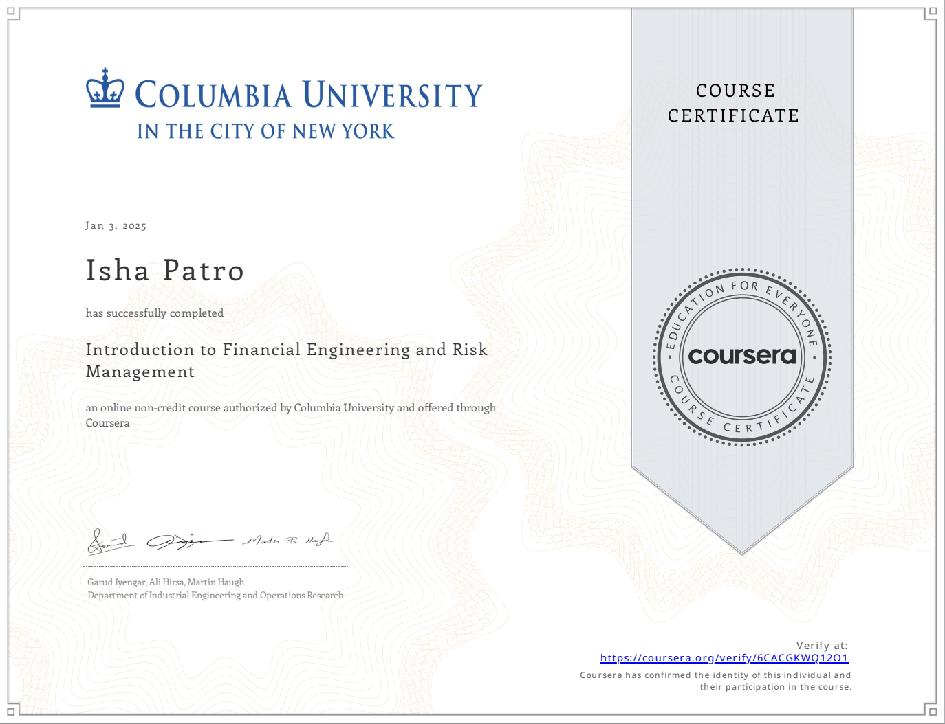 Financial Engineering and Risk Management